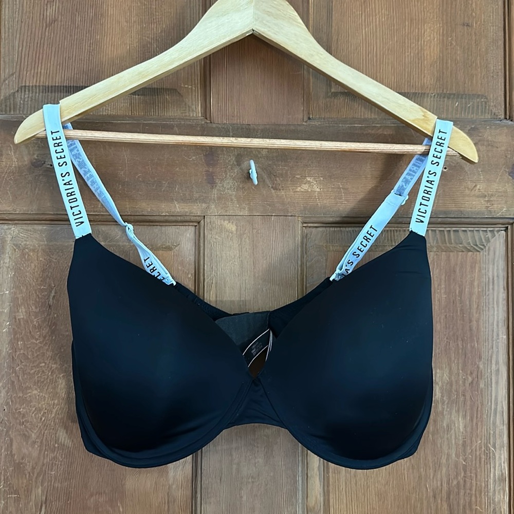 Victoria's Secret Black T-Shirt Bra with Logo Straps